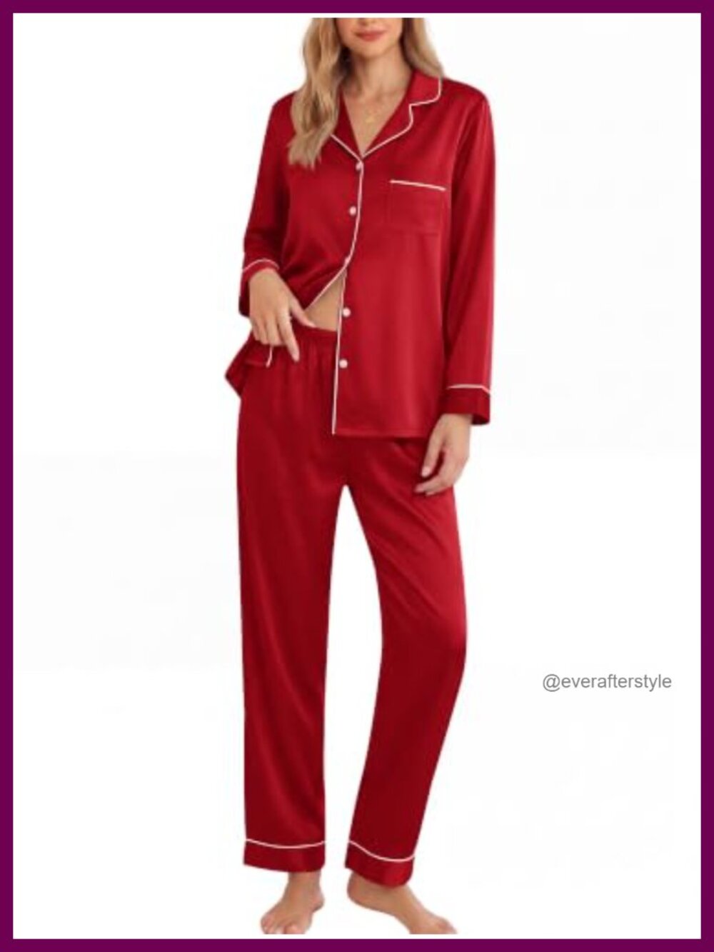 Women's Satin Pajama Set Button-Up Top Pockets Ankle Pants